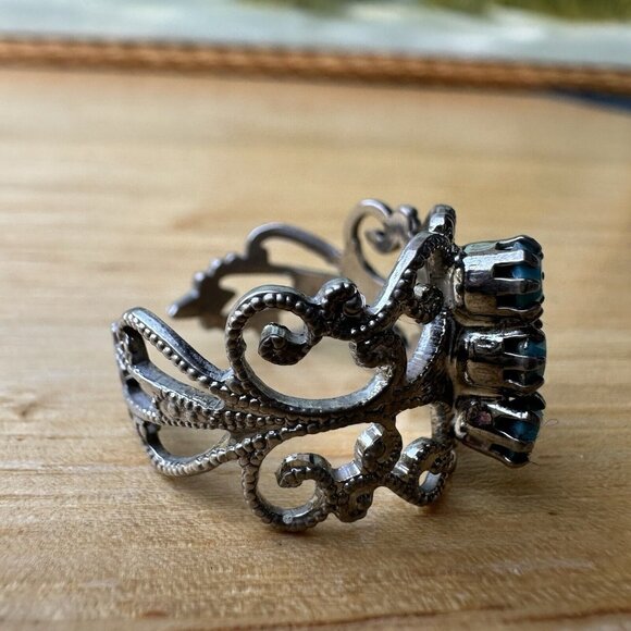 VTG Faux Turquoise Ring Silver Tone Ornate Adjustable Chunky Southwest 7.5 Adj - Picture 4 of 6